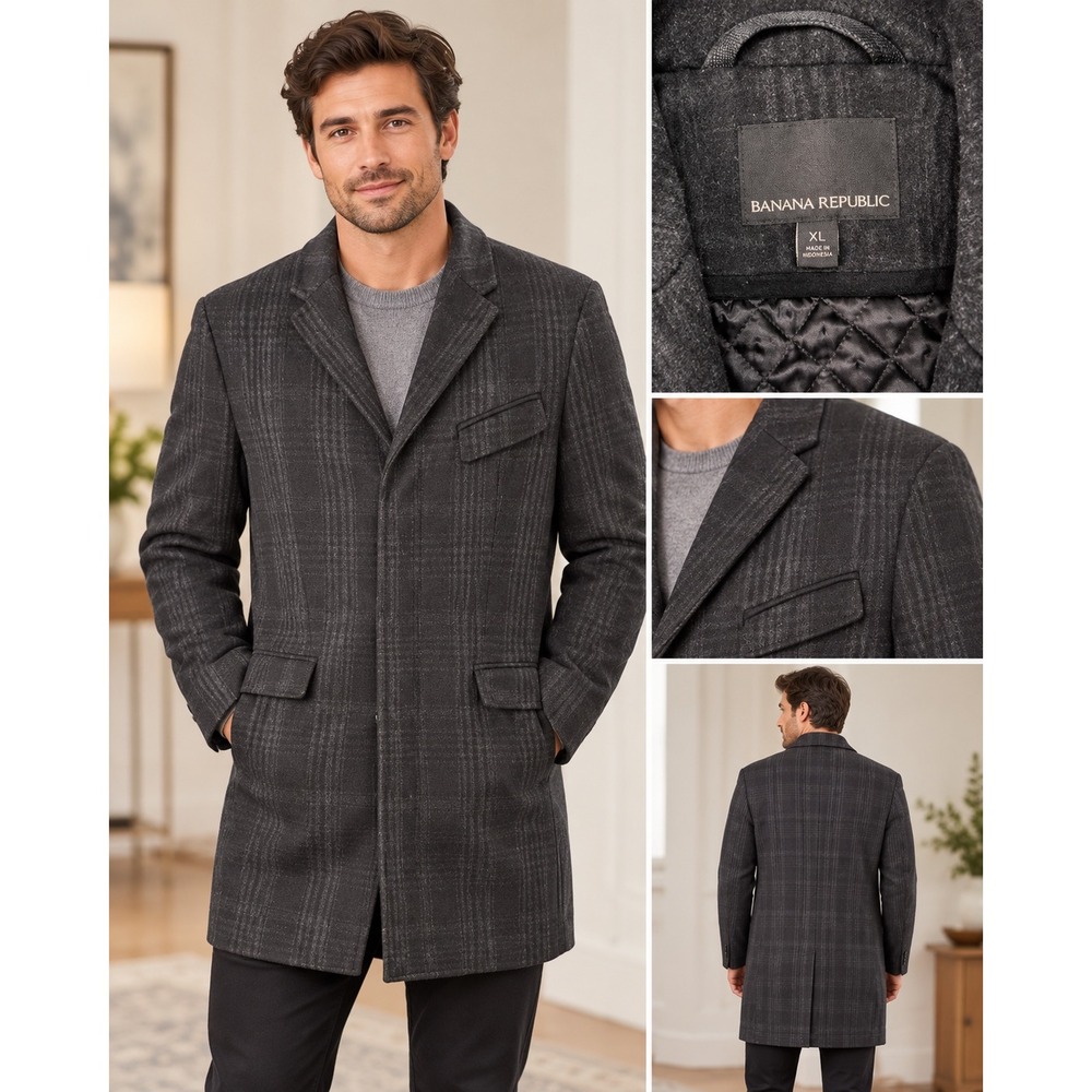 Banana Republic XL Wool Blend Plaid Car Coat Charcoal Grey Hidden Button Front